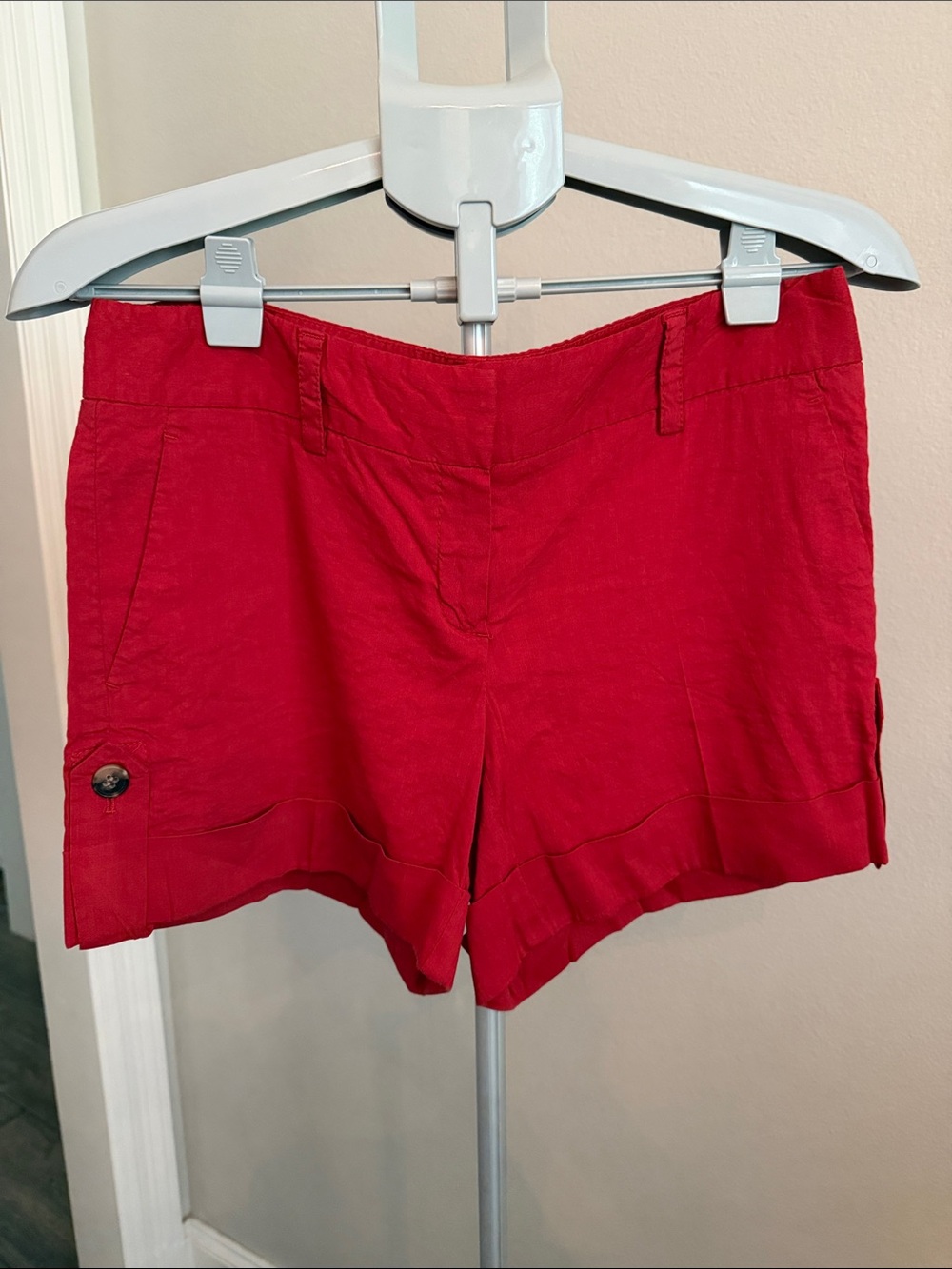 Theory Red cuffed Shorts with Button Hem Accent